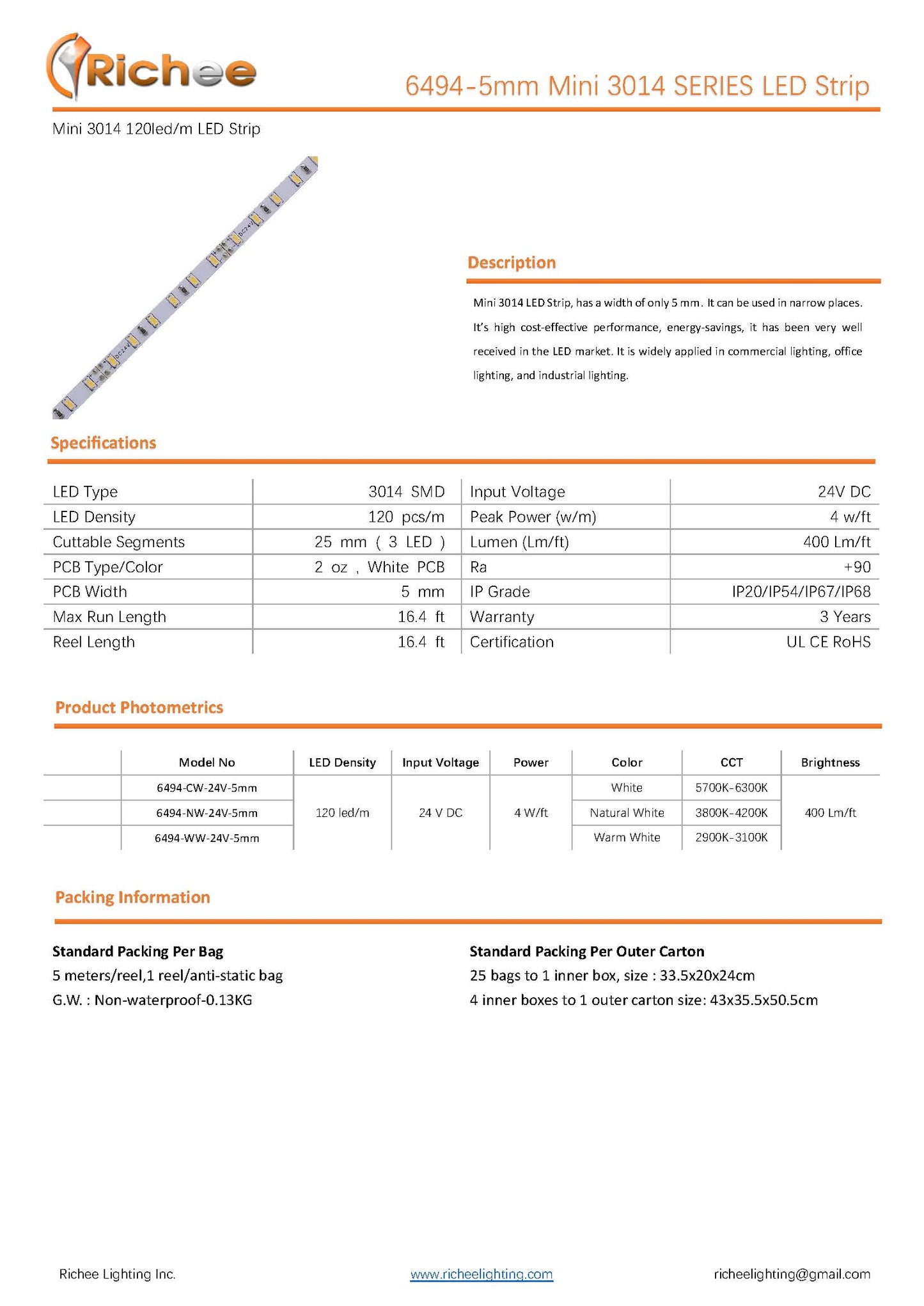 Mini Narrow Strip Light 5MM, 4W, 400LM/FT