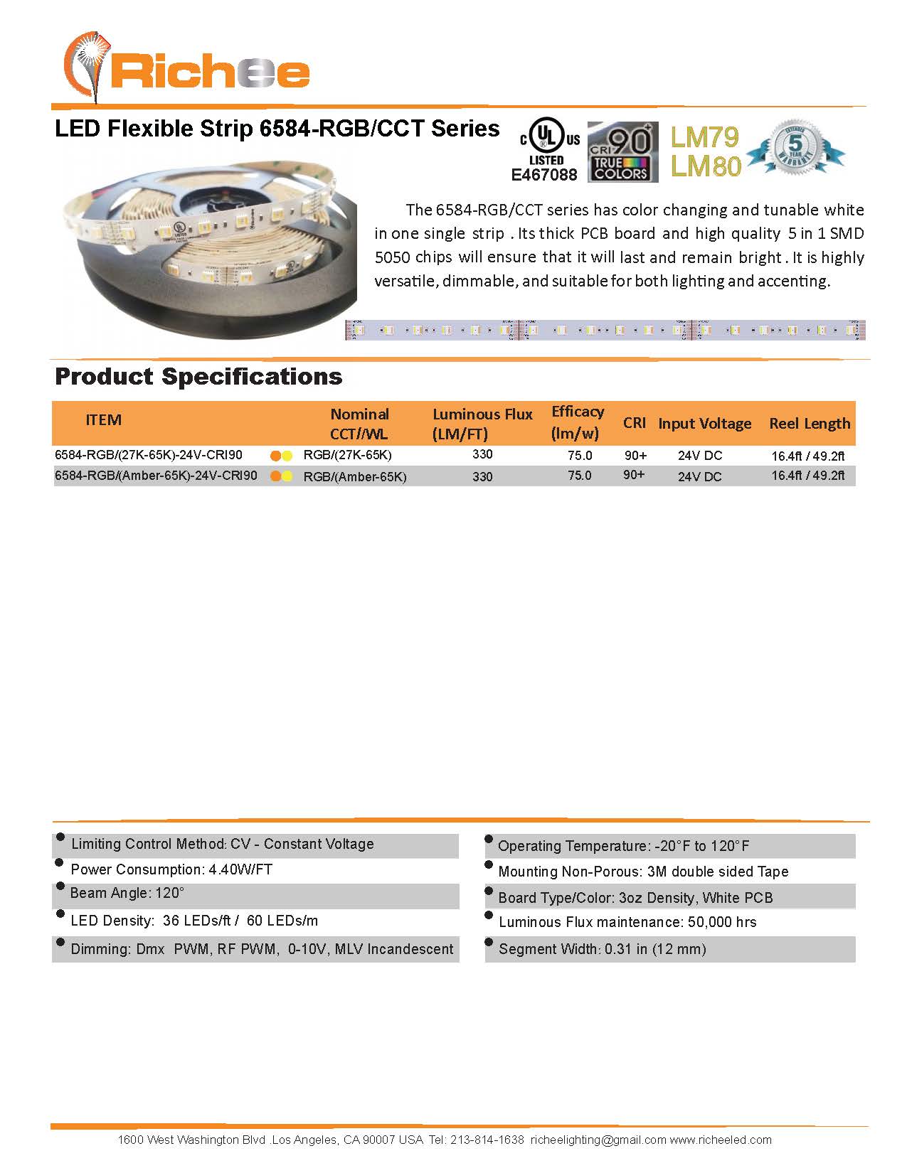 Color Changing Tunable White RGB/CCT 4.4W/ft 60LED/m 24V DC