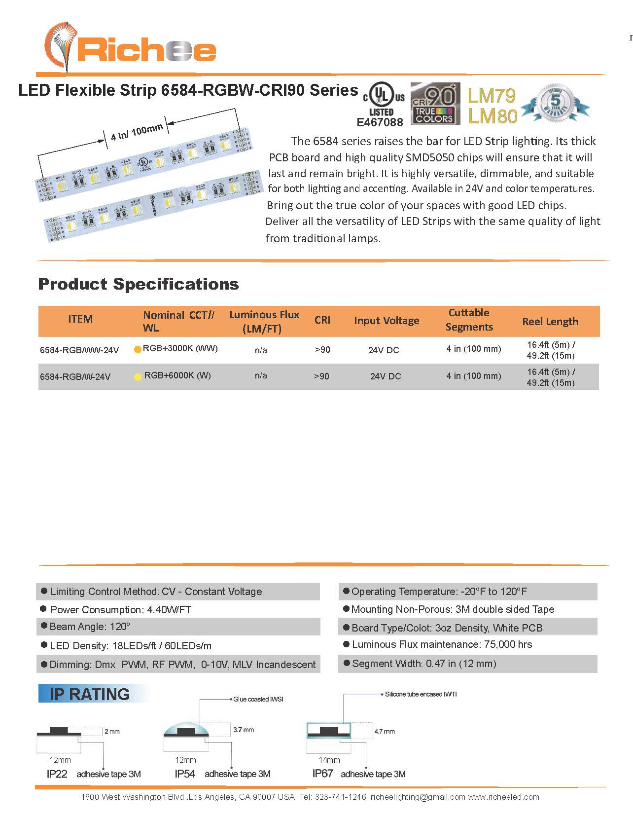 Outdoor Color Changing True White RGBW 4.4W/FT 24V DC IP54 LED Strip