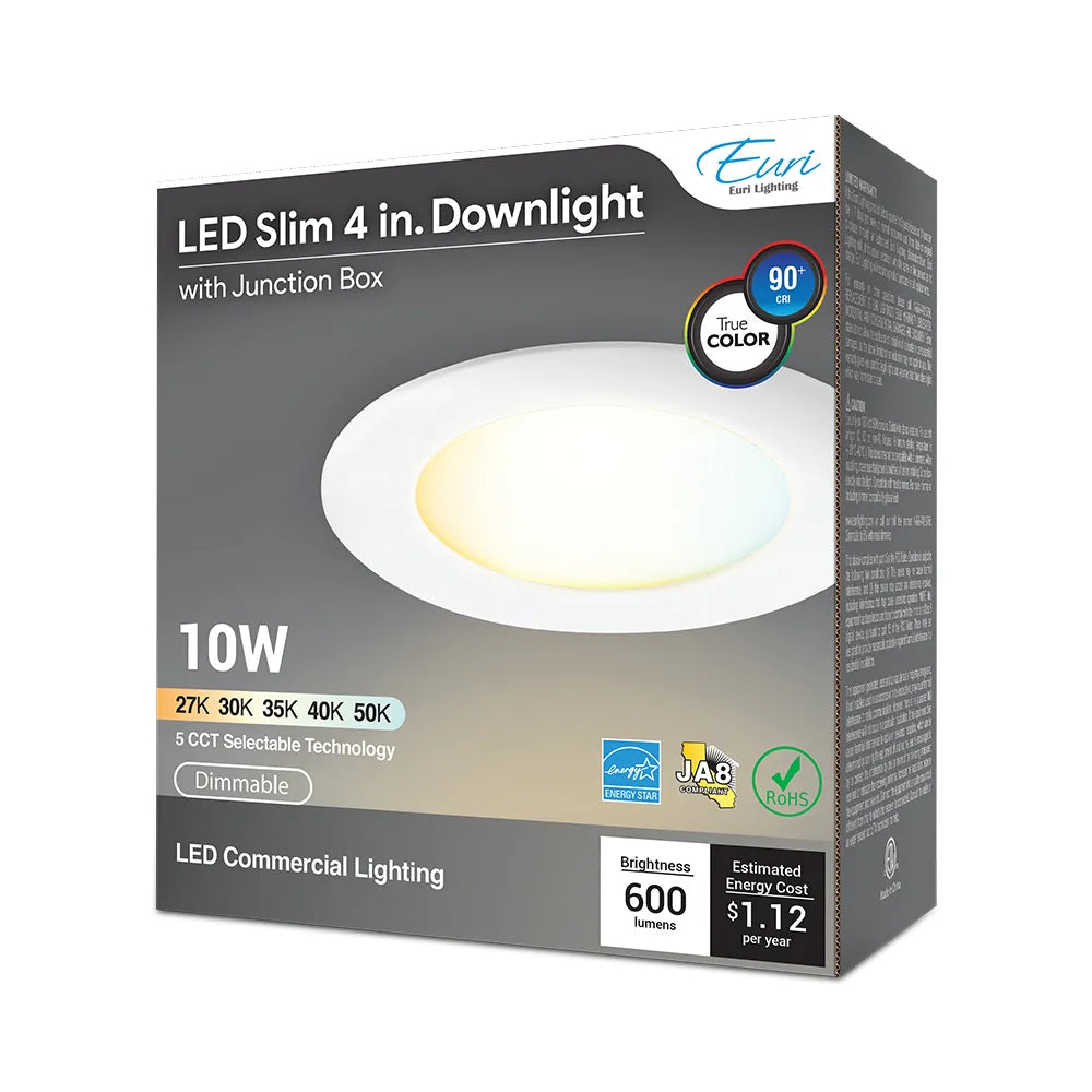 4” Slim Recessed Downlight with Junction Box, 5CCT, Dimmable - Euri