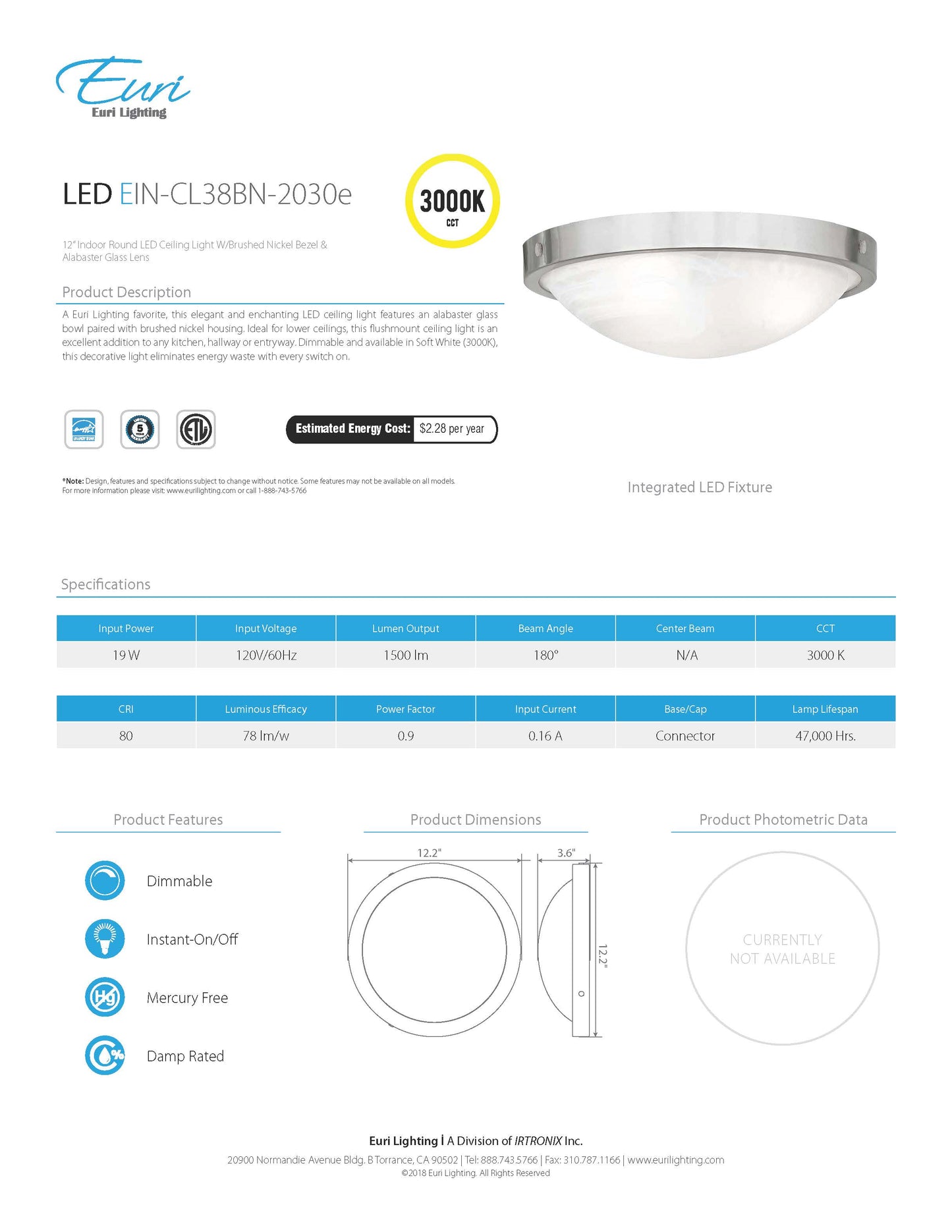 LED Indoor Ceiling Light 3000K - Euri