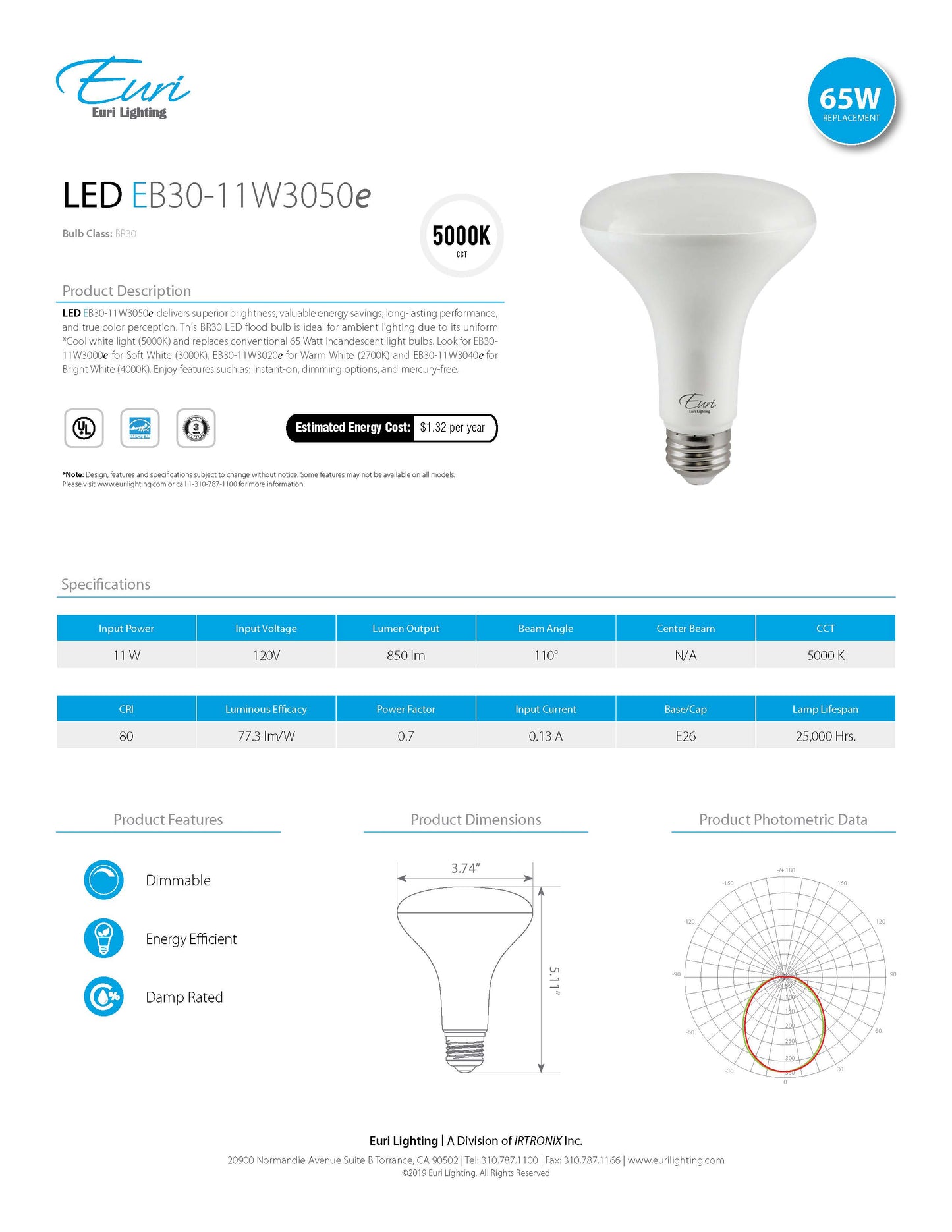 BR30 LED Bulb 11W 5000K - Euri Lighting