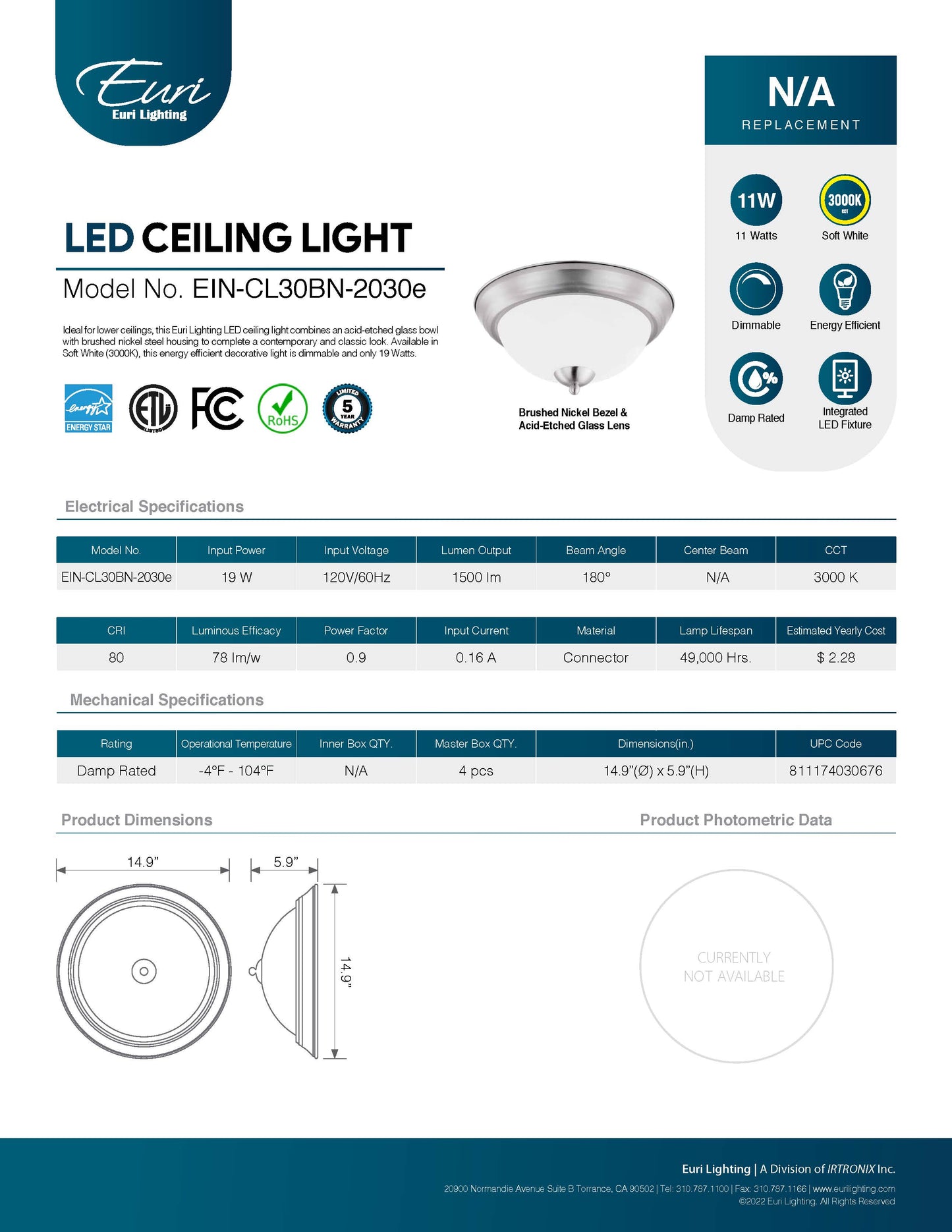LED Ceiling Light 3000K - Euri