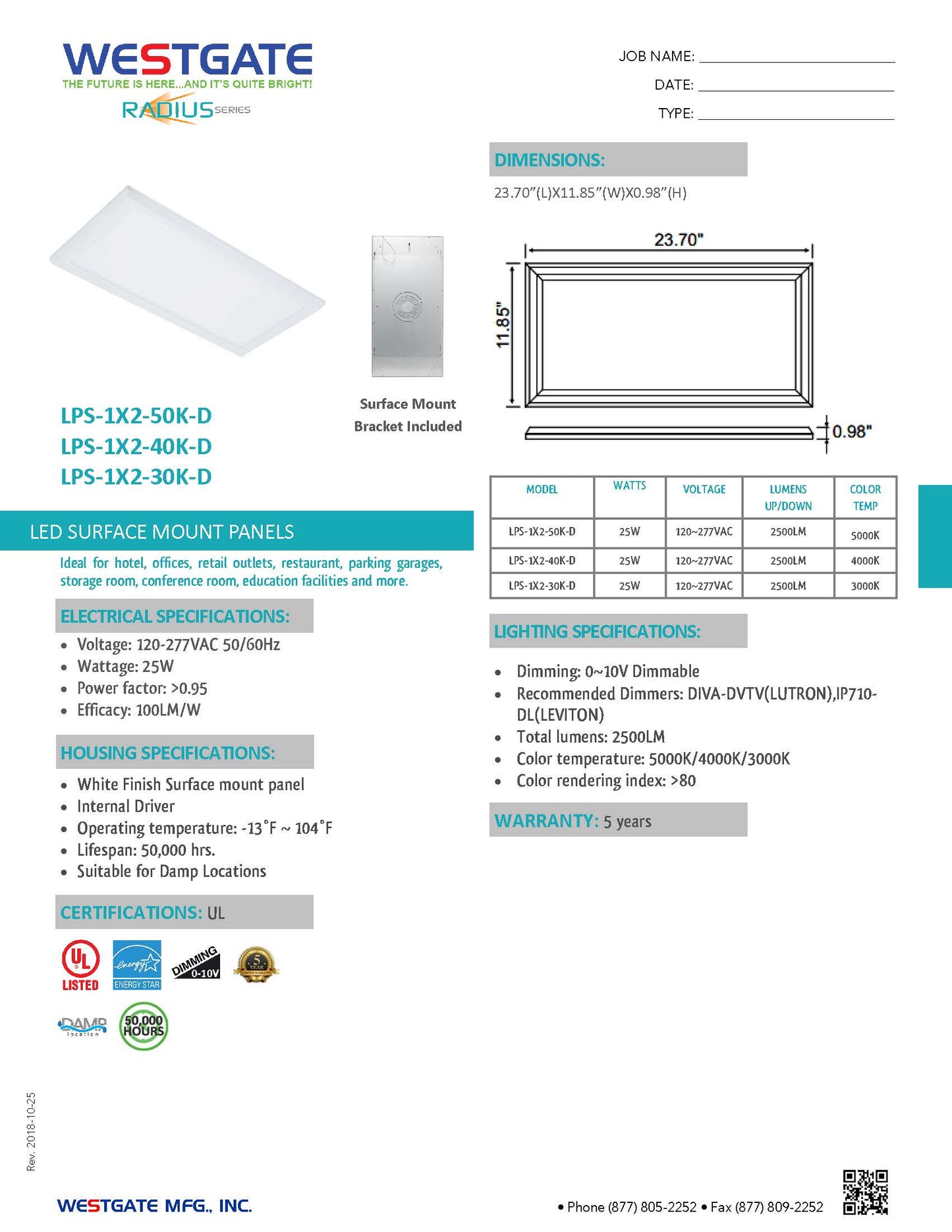 1 X 2 LED Surface Mount Panel 4000K Dimmable