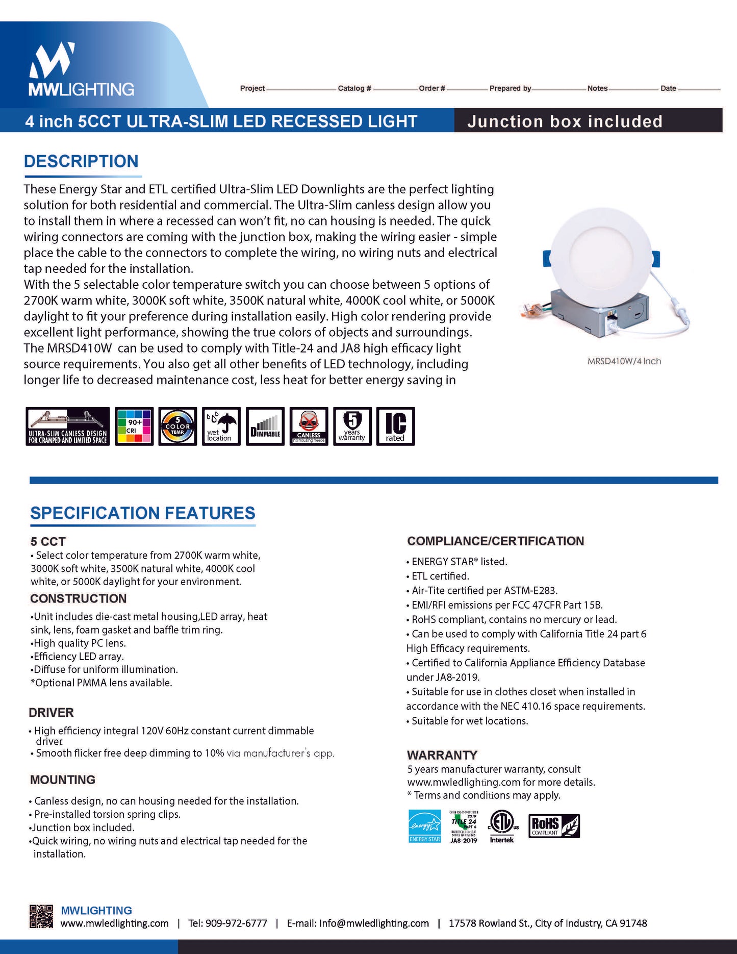 4" 5CCT Canless Ultra-Slim Recessed Light - MW Lighting