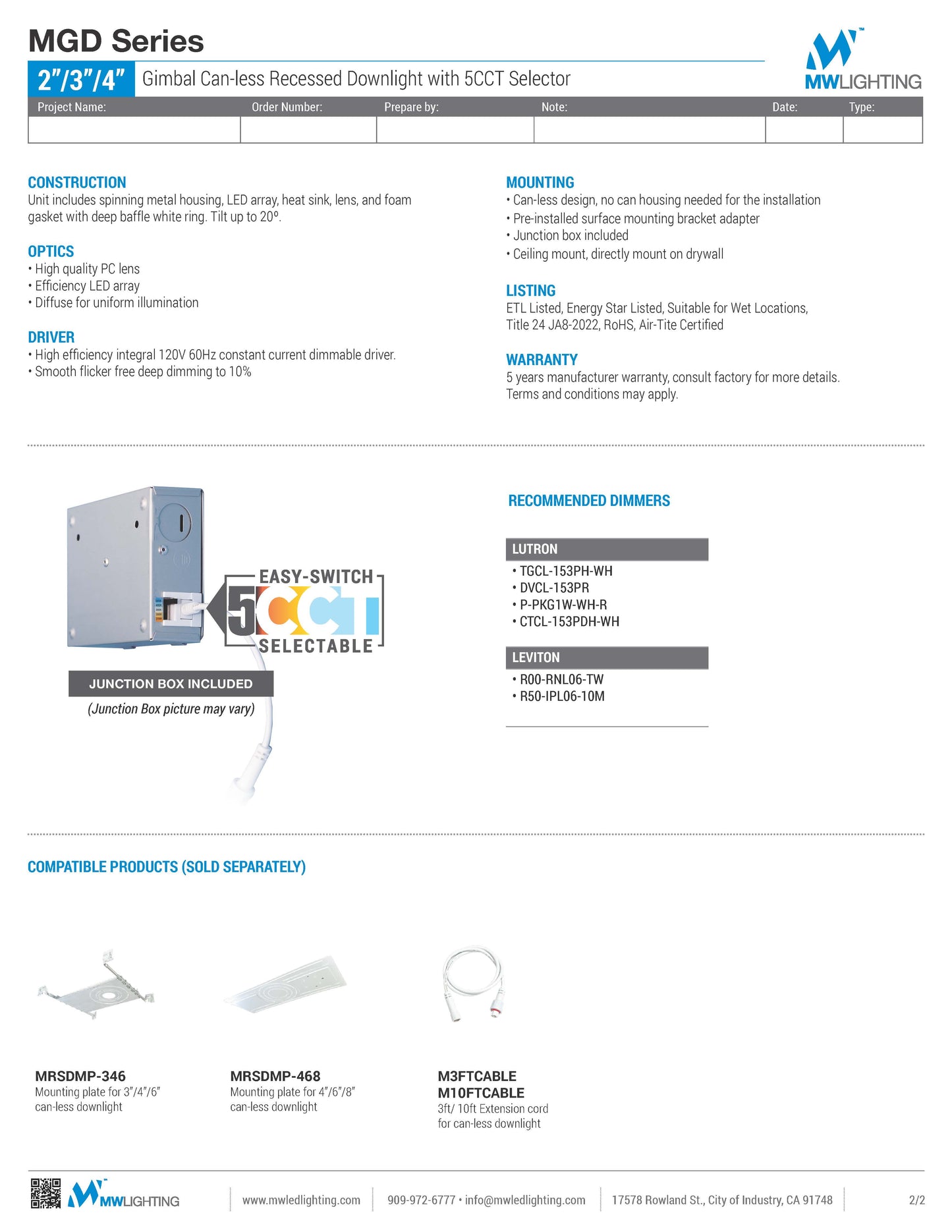 4" Gimbal Can-less Recessed Downlight with 5CCT Selector