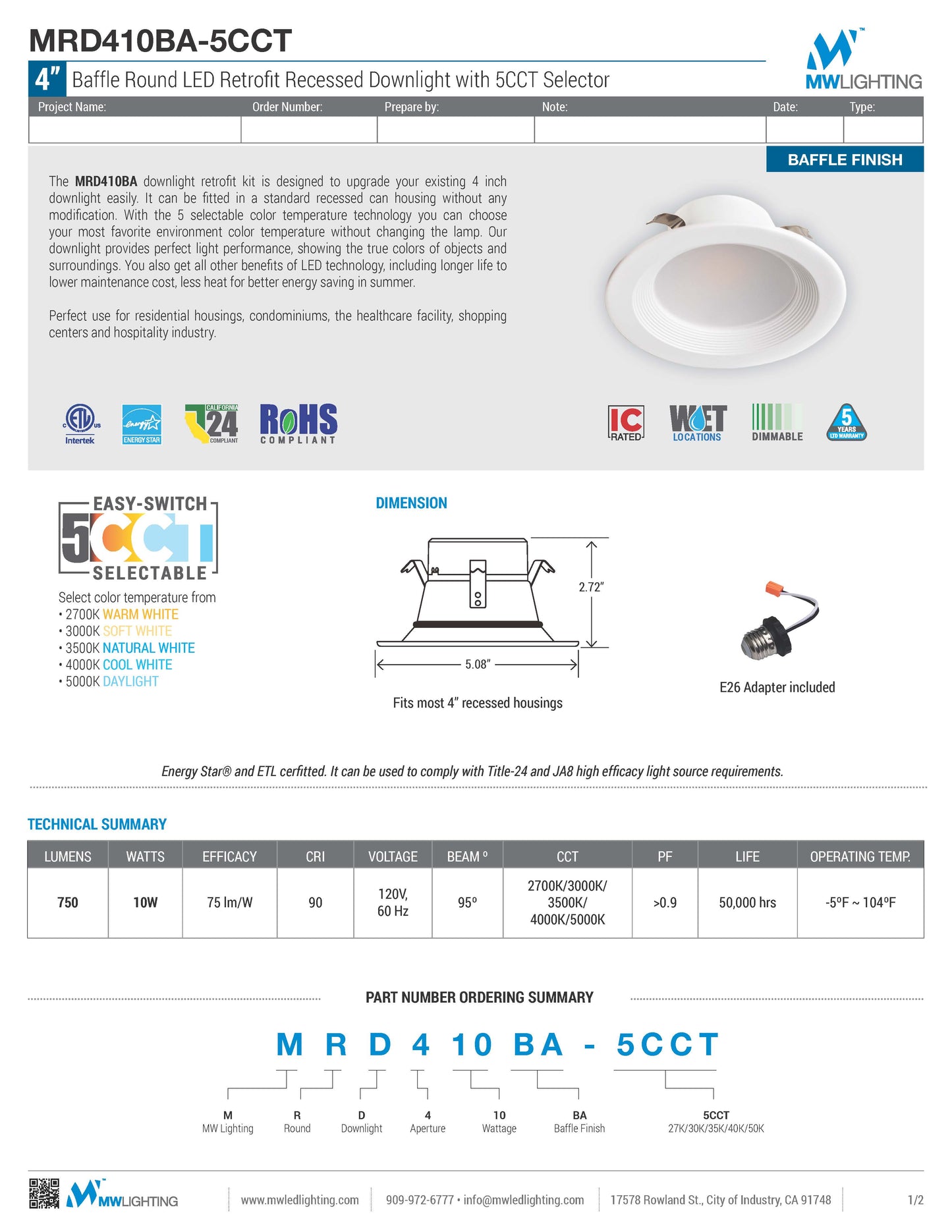 4" Baffle Round LED Retrofit Recessed Downlight with 5CCT Selector