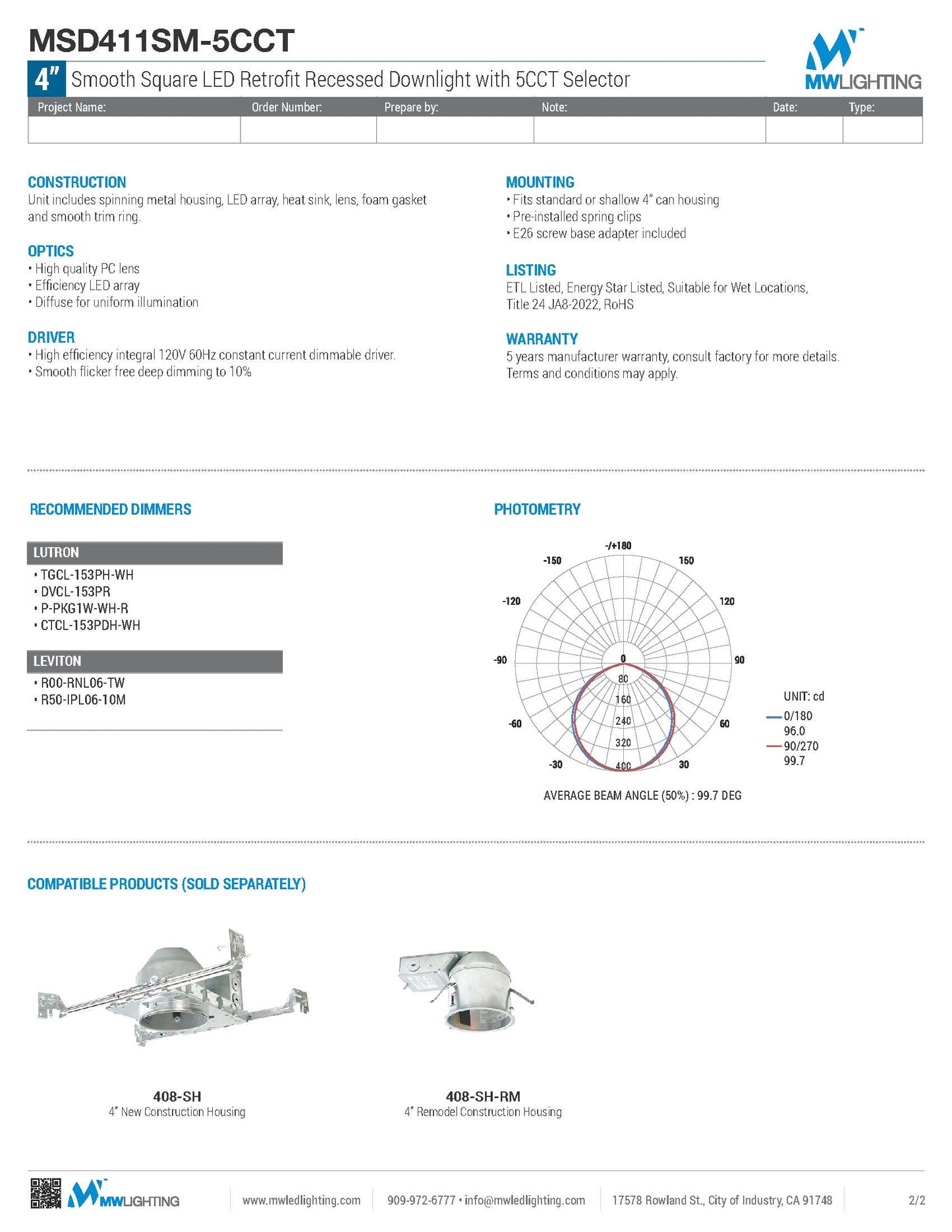 4" Smooth Square LED Retrofit Recessed Downlight with 5CCT Selector