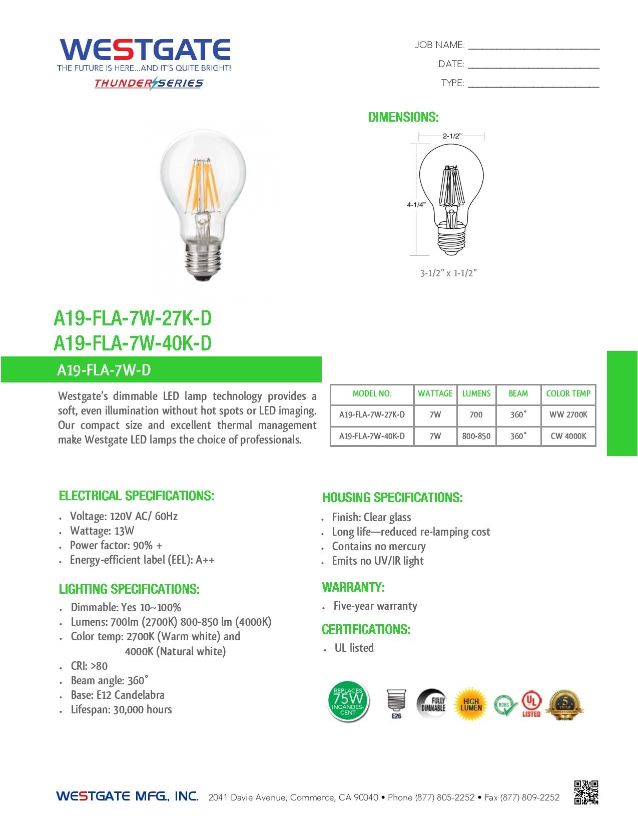A19 LED Filament Bulb 2700K