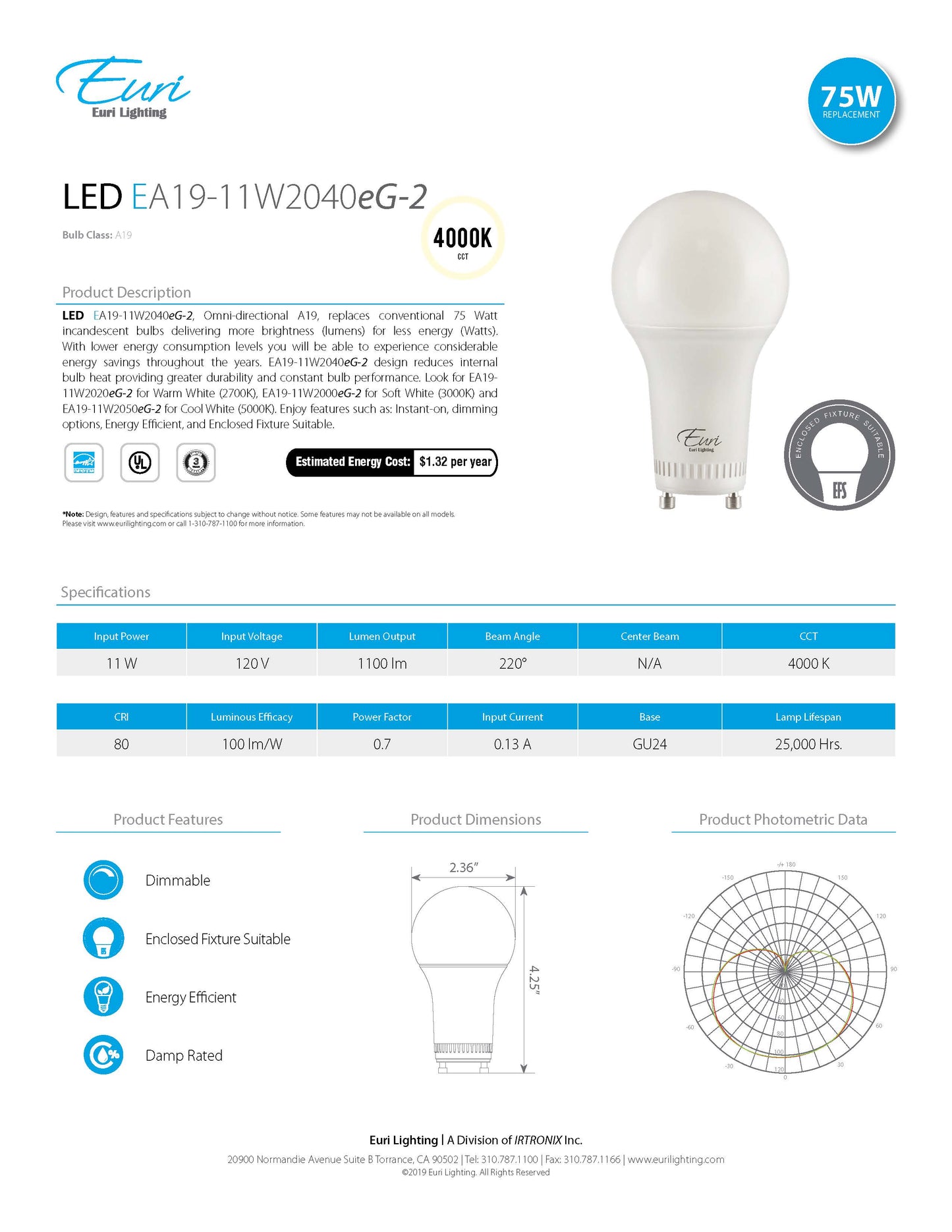 A19 LED Bulb GU24 Base 4000k