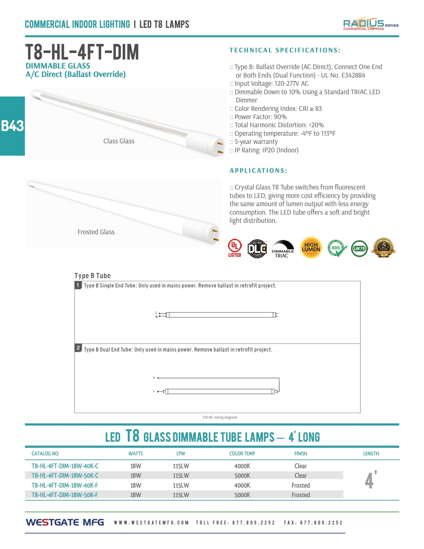 T8-HL-4FT-DIM-18W-50K-F