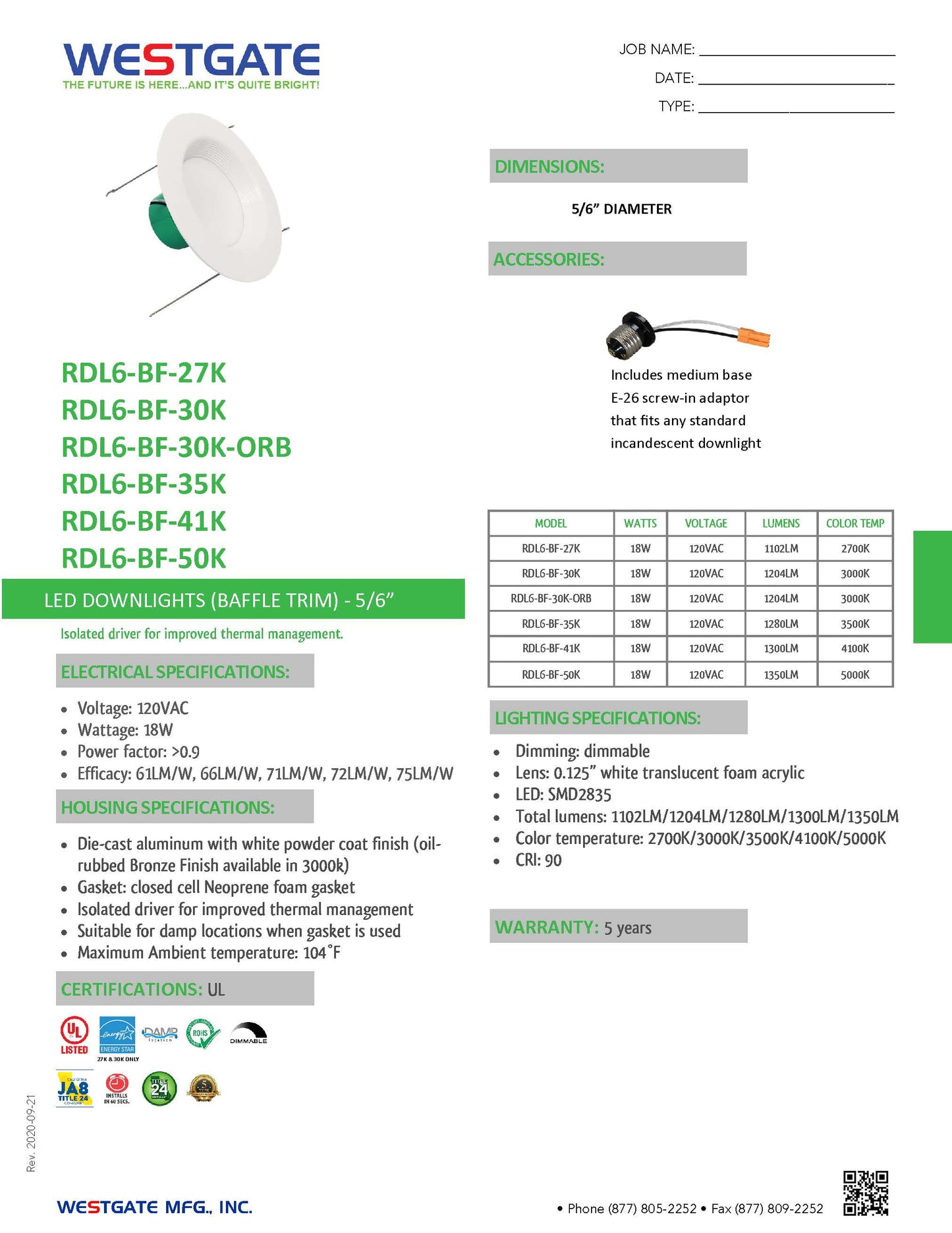 6 inch LED Downlights Baffle Dimmable - RDL6-BF -WESTGATE