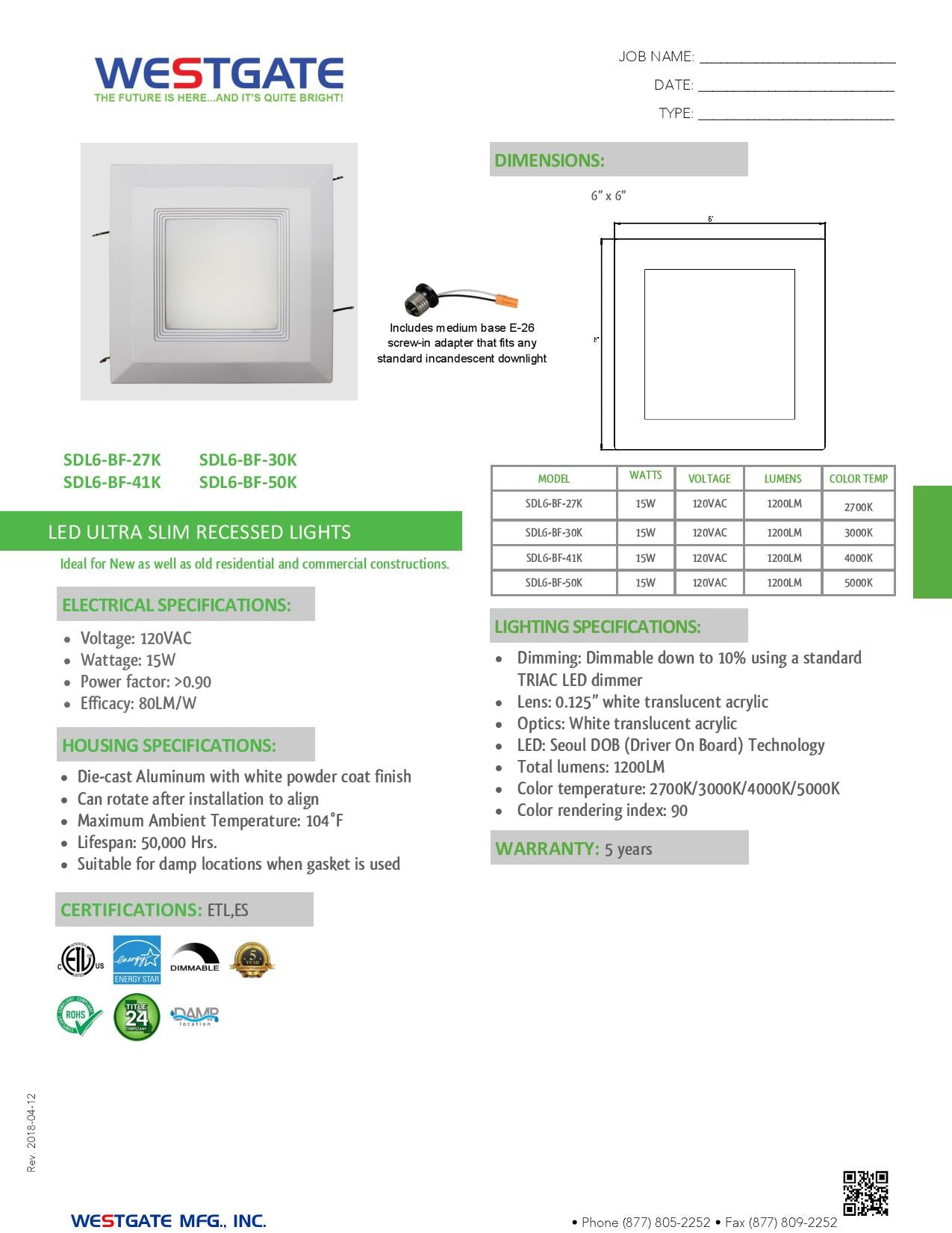 LED Square Downlights Light with Baffle Trim - WESTGATE