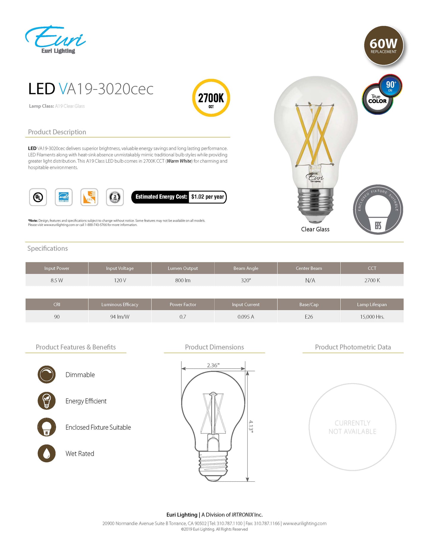 LED Filament Bulb - VA19-3020cec