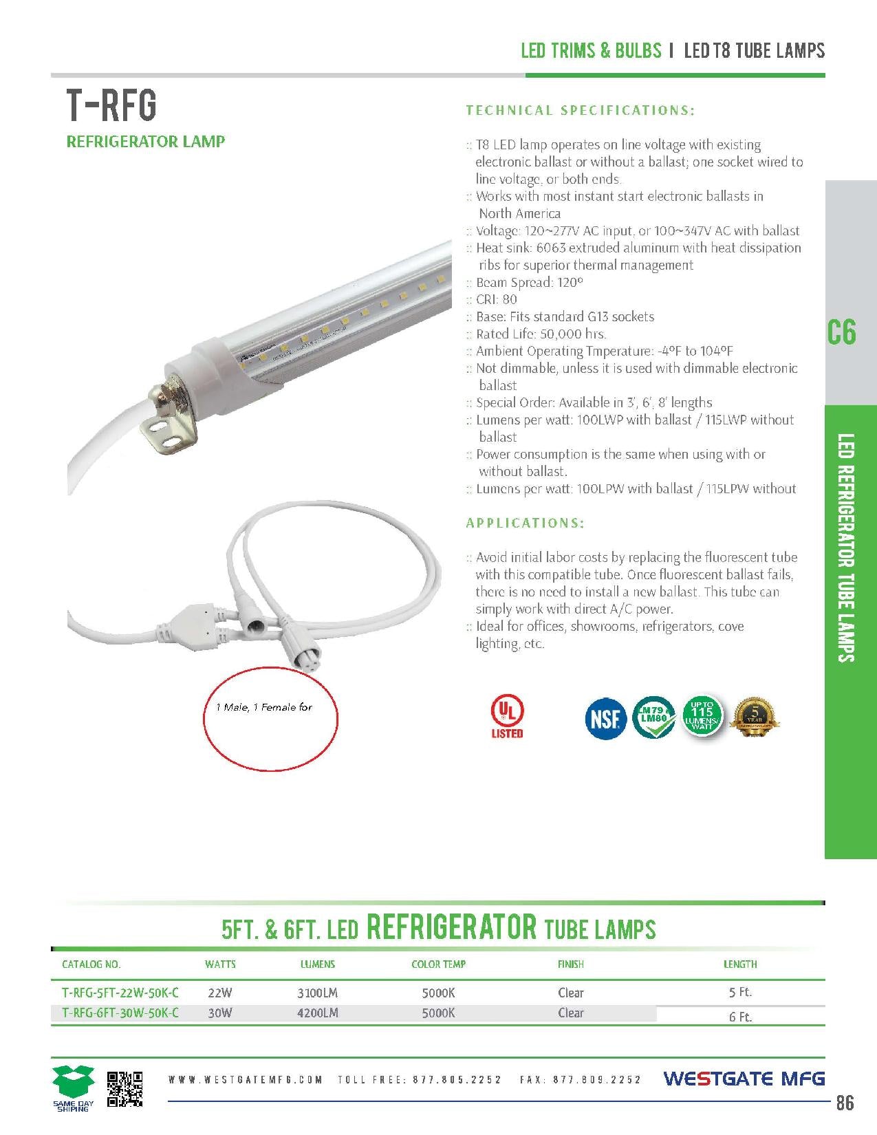 WESTGATE 5FT. & 6FT. LED Refrigerator Tube Lamps