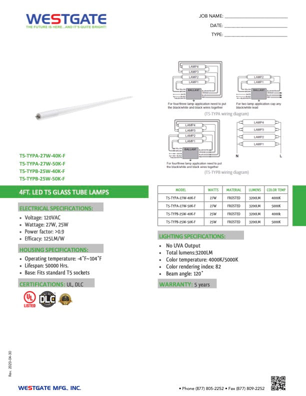 LED Lamp T5-TYPB-25W-40K-F
