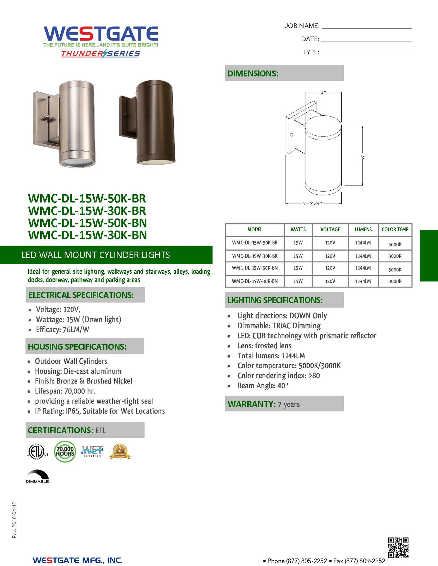 4" LED Wall Mount Cylinder Lights, 15W, 3000K