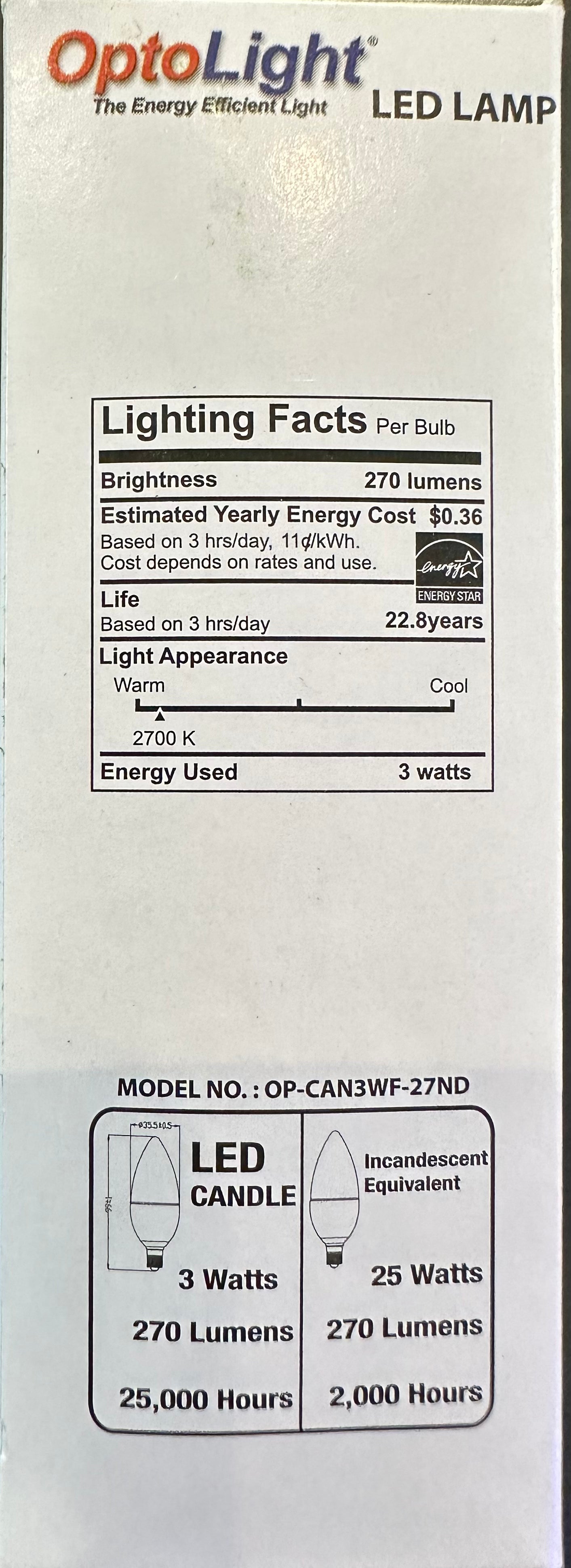 OptoLight LED Bulb Candle 3W 27K Non Dimmable
