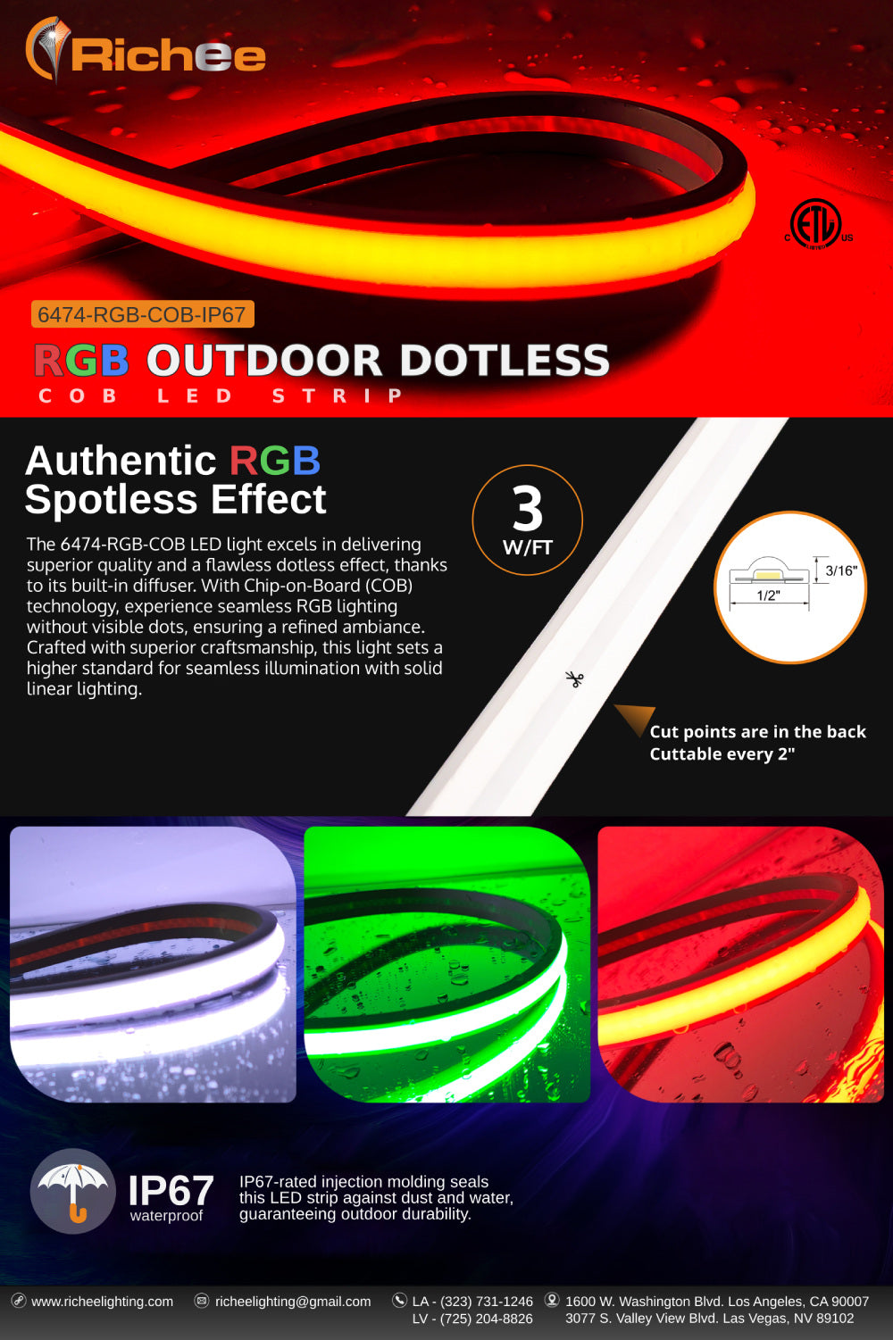 Outdoor Dotless COB 3W/FT Color Changing RGB 24V DC